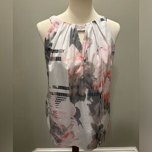 White House Black Market Abstract Print Blouse in Black, Pink, and White